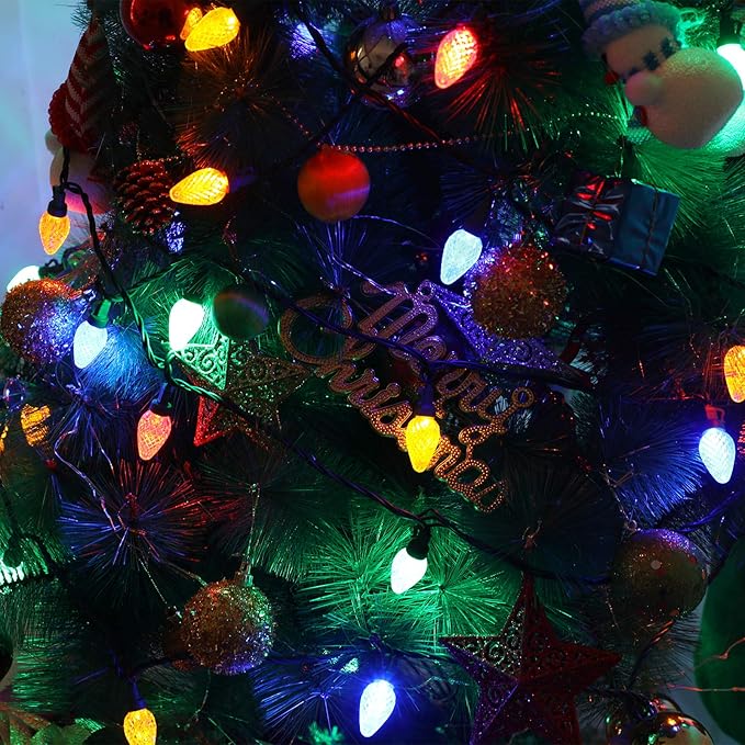 DEWENWILS C7 Christmas String Lights Outdoor, 33.3ft 50 LED Multi Color Bulb Lights, Outdoor Decorations for Christmas Tree, Patio, Garden, Yard, Porch, Green Wire, Multicolor, UL Listed