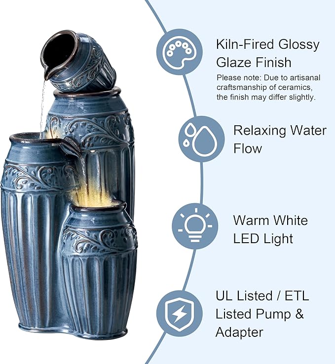 Glitzhome 35.5" H Oversized Outdoor Water Fountain with LED Lights and Pump, 4 Tier Turquoise Embossed Pattern Ceramic Pots Fountains, Cascading Standing Fountain for Porch Deck Garden Patio Backyard