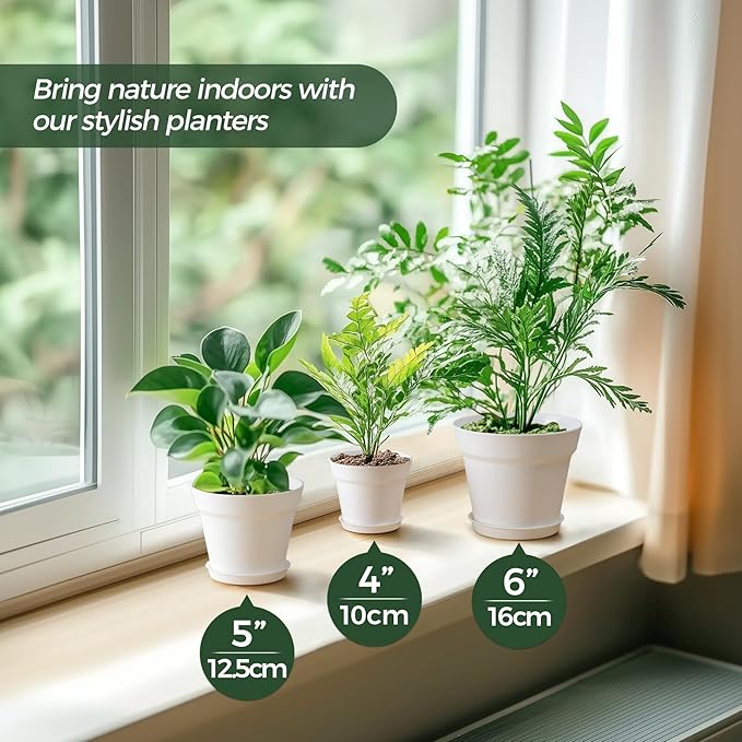 T4U 4 Inch Plant Pots 8-Pack, Small Flower Pots with Drainage Hole and Saucer, Decorative Nursery Pot Bulk for African Violet, Snake Plant, Succulent, Herb and Plants Indoor (8 Pcs 4" Pots, White)