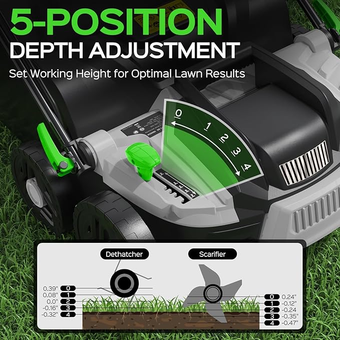 2025 Upgrade 16-Inch 15.5 Amp 2-in-1 Electric Dethatcher and Scarifier with 14.5-Gallon Collection Bag, Lawn Dethatcher with 5-Position Depth Adjustment, Keeps Lawn Healthy – Light Green