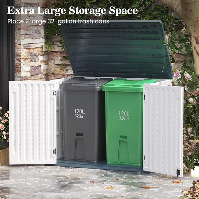 UDPATIO Outdoor Storage Cabinet 35 Cu Ft, Resin Horizontal Outdoor Trash Can Storage Box Lockable Shed 4 x 2 ft for Garbage, Garden Tools, Lawn Mowers