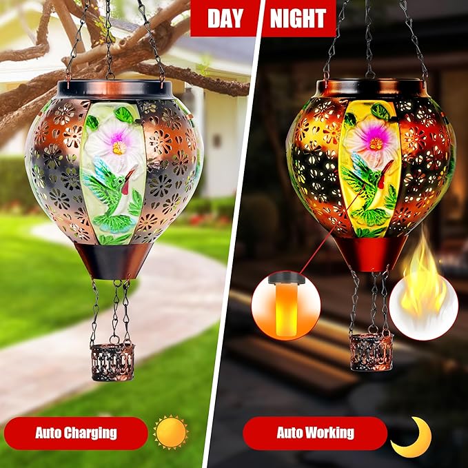 Hummingbird Solar Hot Air Balloon Lantern with Flame, Hot Air Balloon Decorations for Garden Yard Porch Decor, Glass Large Hanging Outdoor Decor, Solar Lantern Waterproof, Hummingbird Gardening Gifts