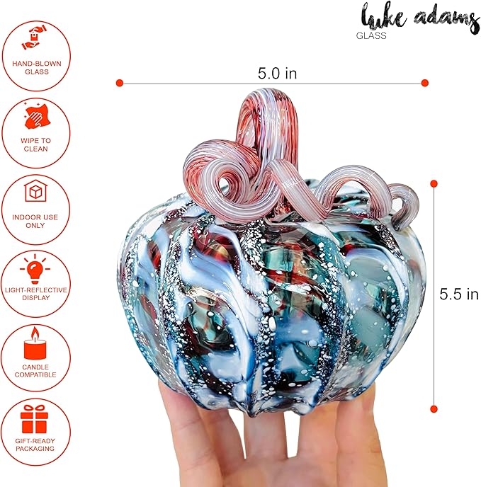 Luke Adams Glass Handmade Glass Pumpkins Handmade Table Top Home Decor (Squat, Winter Frost)