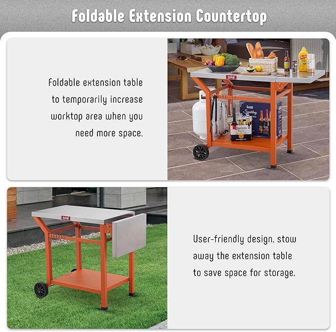 Outdoor Grill Table, 40’’x20’’ Movable Pizza Oven Stand for Outdoor BBQ Food Prep, Stainless Steel Countertop Grill Cart with Storage Shelf & Foldable Extension Table, 6 Extra Hooks