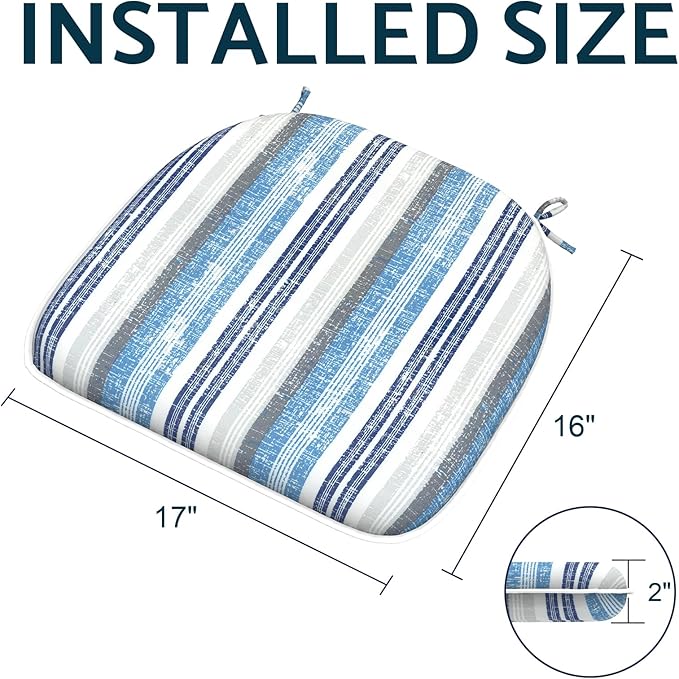 Indoor/Outdoor Chair Cushions 16x17 Inch, Patio Chair Cushions with Ties, All Weather Seat Cushions for Patio Furniture Home Garden Chair Use, Set of 2, Stripe Layered Blue