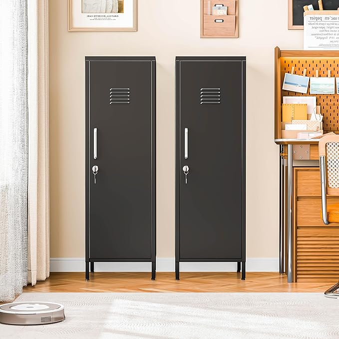 47" Metal Storage Locker, Lockable Employees Metal Locker with Door and Adjustable Shelves, Steel Locker for Home, School, Office, Gym (Black)