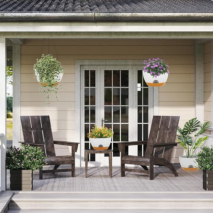 12 Inch Hanging Baskets 2 PC with Chains, Self-Watering Hanging Planters for Indoor Outdoor Plants, Plastic Hanging Flower Pots,White Brown