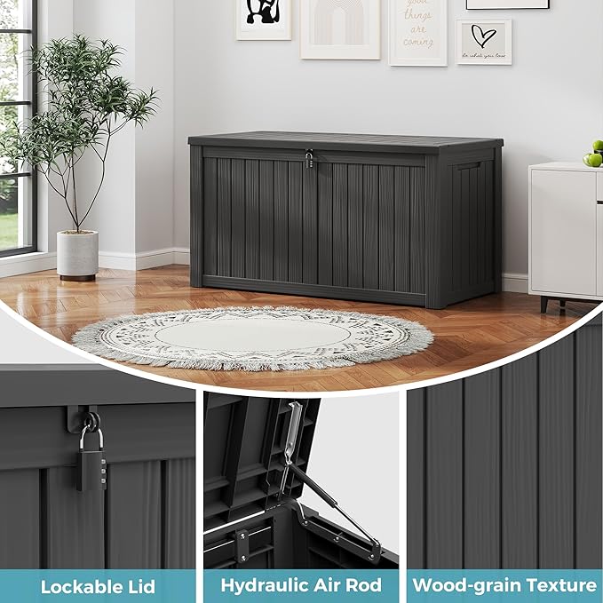 KAMABOKO Outdoor Storage Box, 150 Gallon Large Outdoor Resin Deck Box, Storage Waterproof Boxes Lockable Lid for Garden Tools, Pool Supplies, Patio Furniture and Cushions, Black