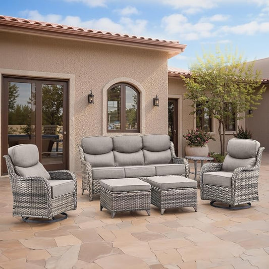 Swivel Patio Chairs sofa Set of 6 - 6" Thick Cushion - Wicker Outdoor Swivel Rocker Patio Chair ,Sofa/Glass coffee table, High Back Comfortable Outdoor Glider Chairs - Grey Wicker | Grey Cushions