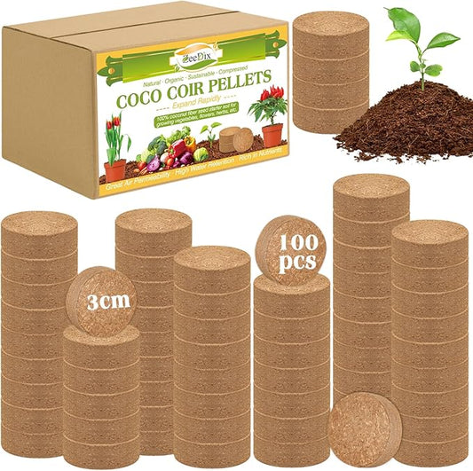 ZeeDix Organic Coco Coir Pellets Potting Soil, 100pcs 30mm Compressed Coconut Fiber Seed Starter Soil Pellets, Coco Peat Soil Discs for Indoor Ourdoor Plants, Herbs, Houseplants, Flowers, Vegetables