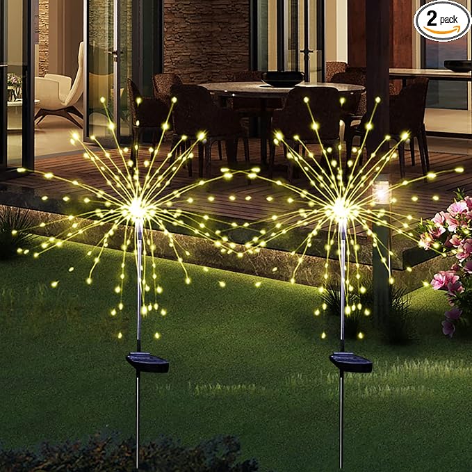 Solar Garden Firework Lights Outdoor Waterproof 2 Pack Solar Powered Art Stake Twinkle Lighting for Outside Decor, 120 LED Sparklers String Lights for Yard Party Decorations (Warm White)