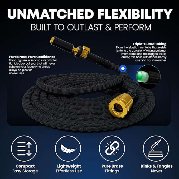 TITAN Flexible Garden Hose 25FT – Ultra Lightweight, Heavy Duty Water Hose with Brass Fittings & Jet Nozzle – Kink-Free, Non-Expanding, Durable Fabric Hose for Yard, Lawn, Car Wash, Outdoor Use