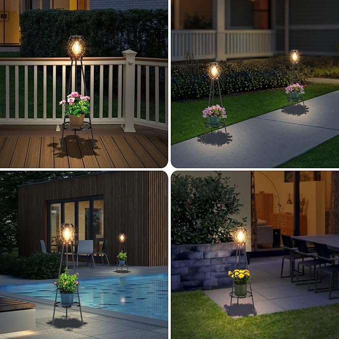 Solar Floor Lamp with Plant Stands，Solar Lights Outdoor with Vintage LED Edison Bulbs, Weatherproof Garden Lights for Pathway, Patio, Yard, 8-10 Hours Lighting, IP55 Waterproof