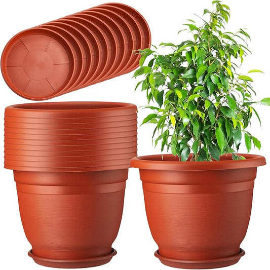 12 Pack 8+'' Plastic Plant Pots Round Planter Pots with Saucer Tray Seedling Pots with Holes Seed Resin Plant Pot Starting Nursery Flower Container with Pallet for Garden Outdoor Indoor