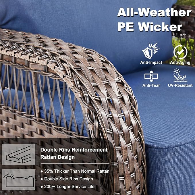 Patio Furniture Set, All Weather 3 Pieces Wicker Outdoor Small Sectional Set, 5" Thick Rattan Conversation Set with 3-seat Sofa and Ottoman for Lawn, Garden, Blue/Brown Wicker