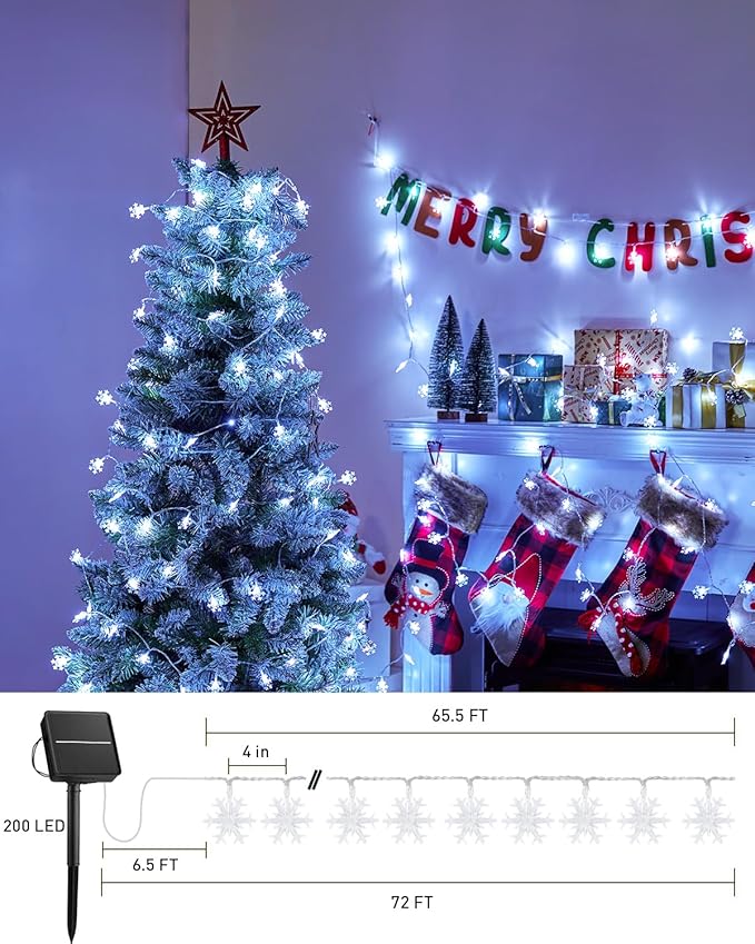Brightown Solar Christmas Snowflake String Lights, 72FT 200 LED Outdoor Waterproof Fairy Lights with 8 Lighting Modes for Wedding, Party, Tree, Room, Garden, Patio, Yard, Home, Pure White