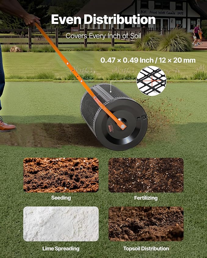 VEVOR Compost Spreader, 24 in Wide Peat Moss Spreader with T Shaped Handle, 3 Heights Adjustable, Powder-Coated Steel Garden Peat Moss Roller, Heavy Duty Grass Seed Spreaders for Planting Seeding