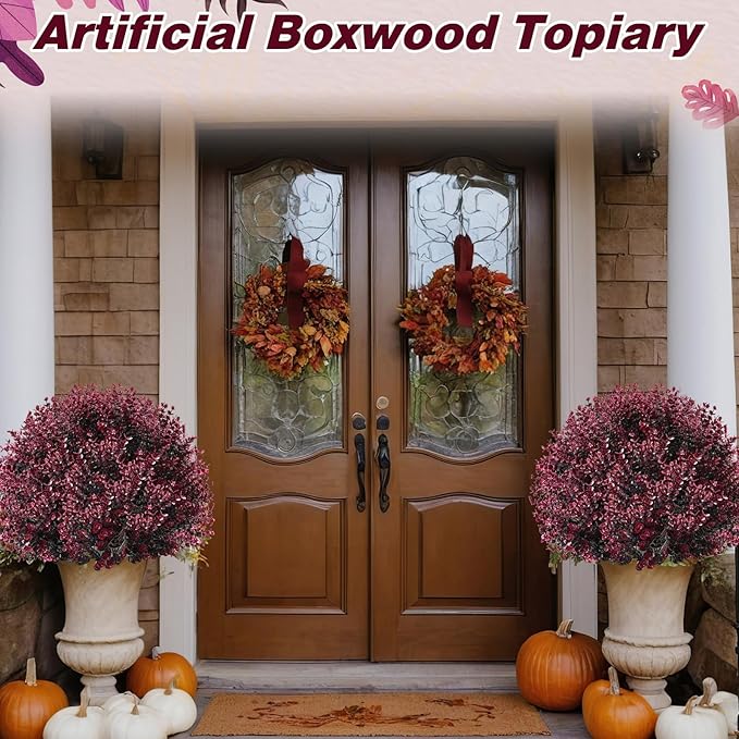 Yunlly 4 Pcs 18 Inch Artificial Boxwood Ball Topiary Tree Fake Outdoor Plants Bush, UV Resistance Faux Shrub with Spike Realistic Greenery Potted for Indoor Garden Yard Porch Patio Decor (Dark Purple)