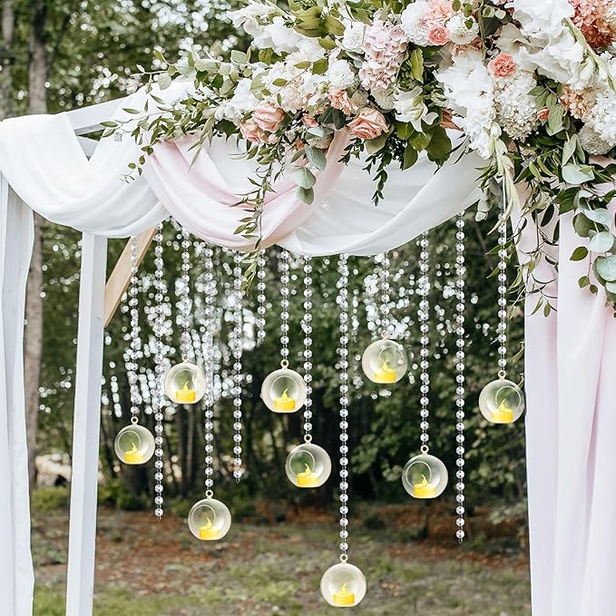 Booson 100 Pcs Hanging Candle Holder Glass Globes Orbs with Crystal Acrylic Gems Bead Garland Tea Lights Candles Holder for Wedding Party Tree Decor