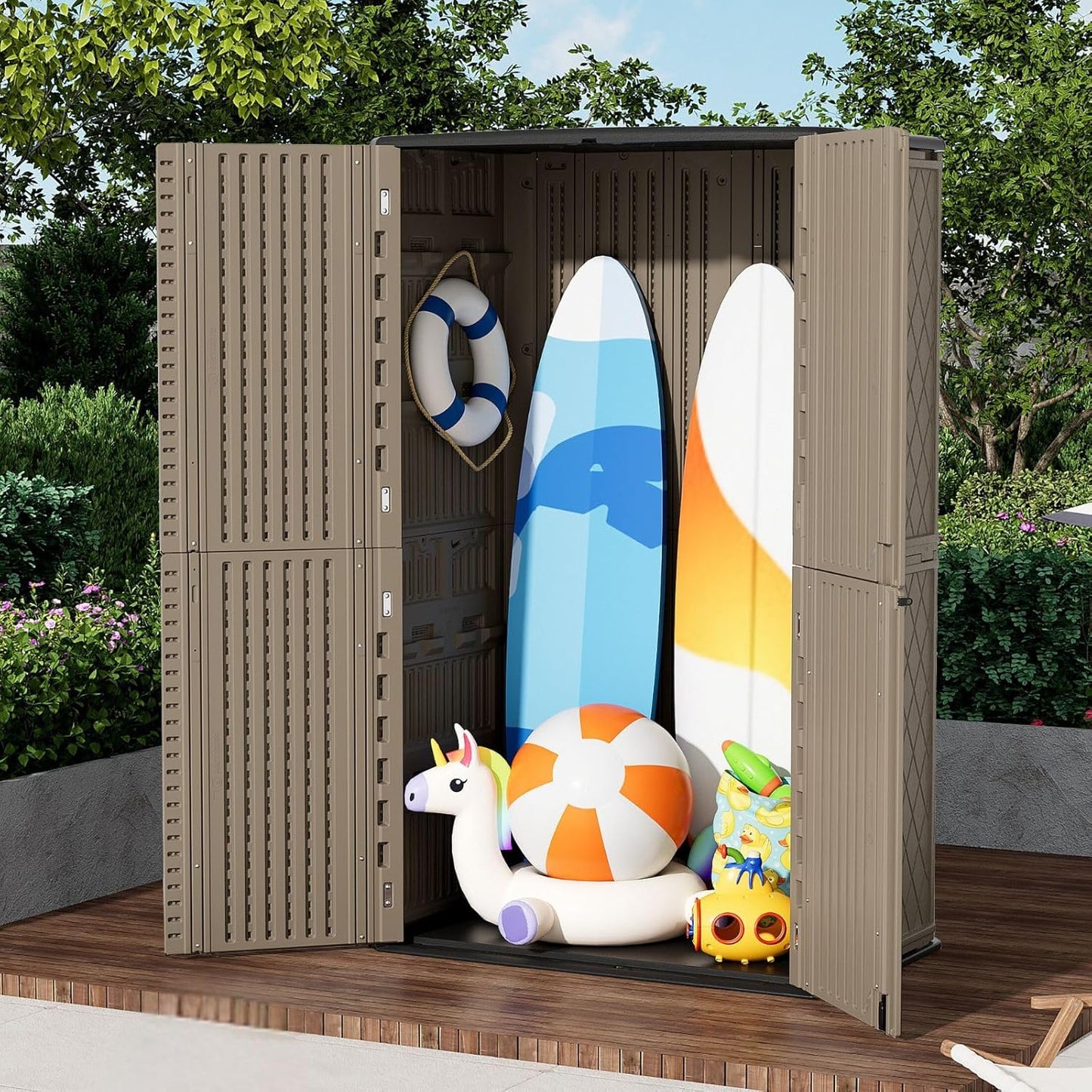 ZZM Large 67 Cu.ft Waterproof Storage Shed, Outdoor Storage Cabinet，Durable Resin Storage for Patio Furniture, Garden Tools, Pool Accessories, Mower Storage (Coffee)