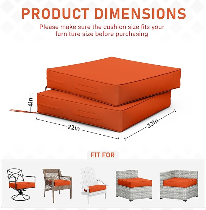 Patio Chair Cushions 22 X 22 X 4 Inch Waterproof Outdoor Seat Cushions for Patio Furniture, Outdoor Sofa Couch Pads with Ties & Handle, Set of 2, Orange