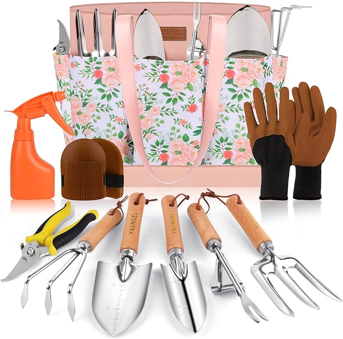 Gardening Tools - YAUNGEL 10 Pcs Garden Tool Set, Heavy Duty Stainless Steel Gardening Supplies Hand Tools with Wooden Handle, Storage Tote Bag, Ideal Gardening Gifts for Women and Men, Pink