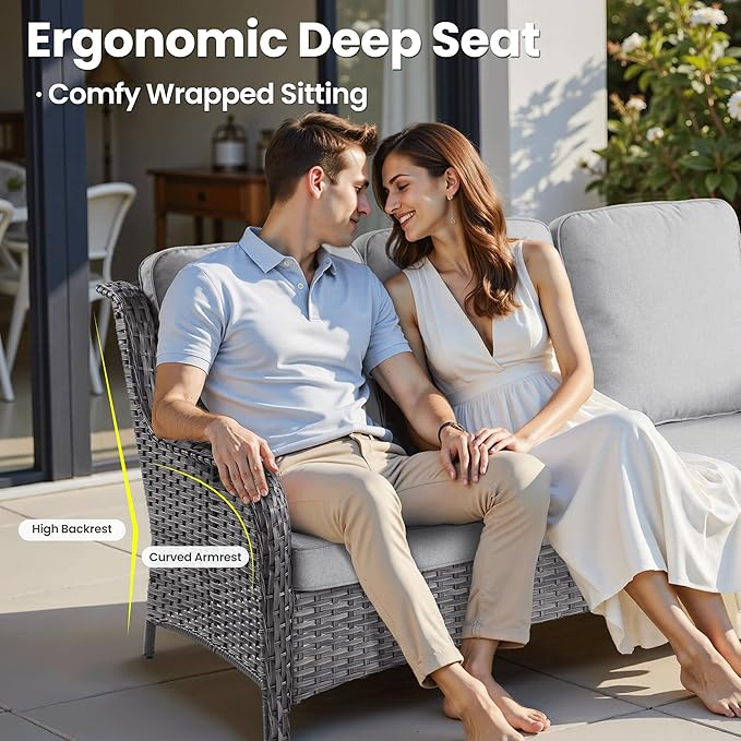 ovios 5 Pieces Patio Furniture Set, Outdoor Wicker Sofa Couch with Swivel Chairs Solar Lights Table, High Back All Weather Modern Conversation Sets, Grey Rattan, Grey