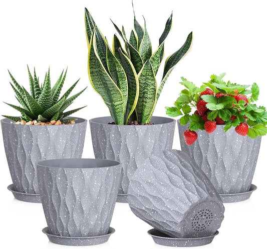 7 inch Plant Pots for Indoor Outdoor Plants, 5 Pack Thick Flower Pots with Drainage Holes and Saucers, 3D Modern Wave Texture Plastic Planter Nursery Pots, Speckled Grey
