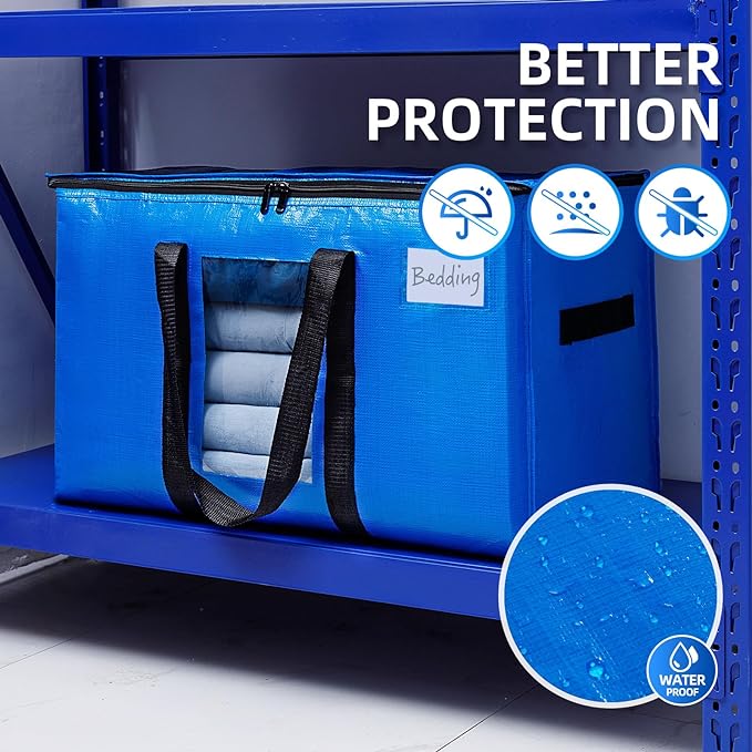 TAILI Extra Large Moving Bags, 4 Pack Blue Heavy Duty Totes For Storage with Visible Window, Wrap Around Handles, Storage Bags for Space Saving, Alternative to Moving Boxes