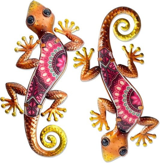 HONGLAND Metal Outdoor Wall Decor 2Pcs Gecko Wall Decoration Lizard Metal Hanging Wall Art Glass Sculpture for Garden Yard Patio Fence (Red)…