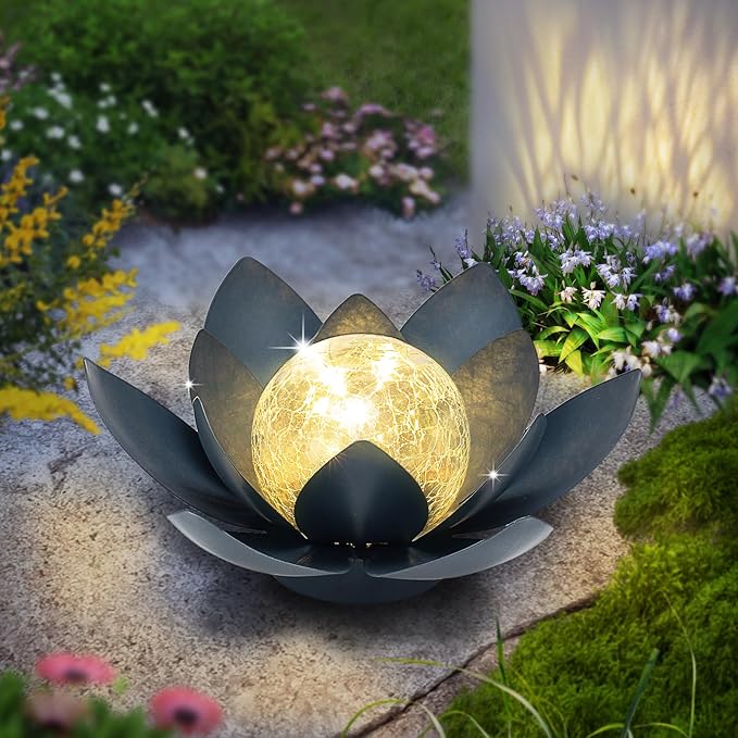 Huaxu Solar Lights Outdoor Garden Decor Crackle Glass Globe Lotus Flower Gray Metal Waterproof Light for Patio, Lawn, Walkway, Tabletop, Ground,Christmas Gifts for Mom,Women
