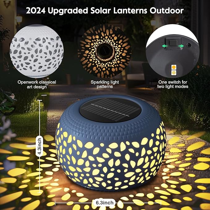 Solar Lantern Garden Patio Decor: 4 Pack White Solar Lanterns Outdoor Waterproof, Solar Lights Outdoor for Table Balcony Deck Pathway Porch Yard Decorations, Outside Hollow Out Metal LED Solar Lantern