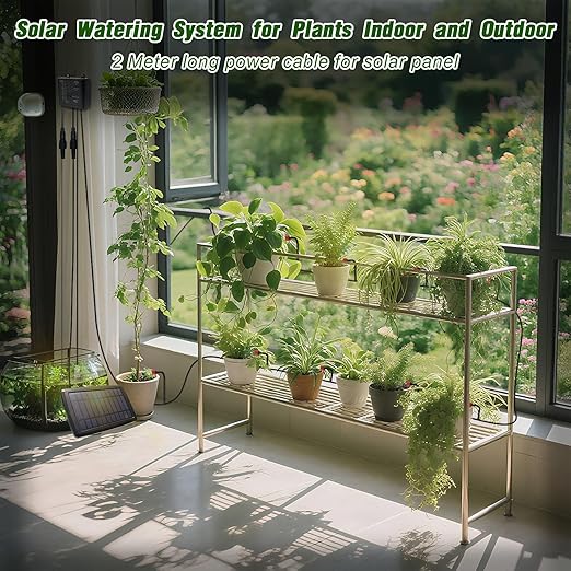 Solar Drip Irrigation System for Garden, Automatic Drip Irrigation Kits,Plants Self Watering Devices for Vacation,Solar/Battery Powered Water Pump for Potted Plants,Raised Beds,Greenhouse (15 Pots)