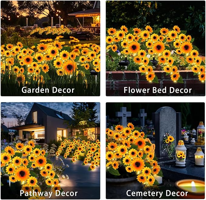 Solar Garden Lights Outdoor, 4 Pack Sunflower Lights with 92 Lifelike Sunflower, Waterproof 360 Bright LED Fall Garden Decor Solar Flowers for Patio Flowerbed Yard, Gift for Mom