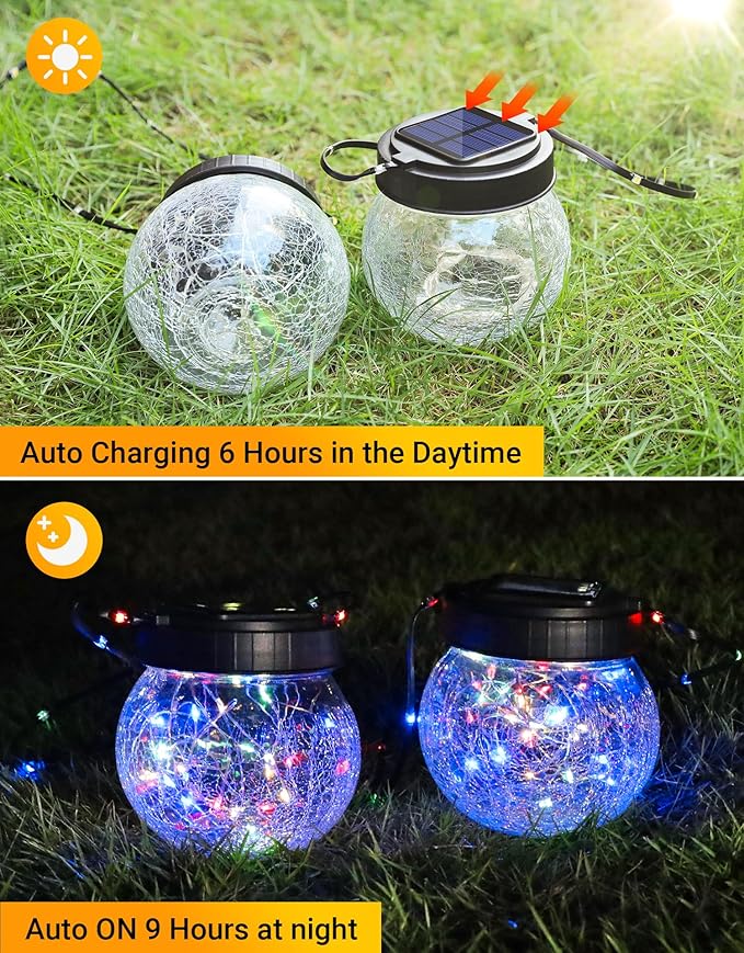 PARTPHONER Solar Lantern Solar Lights Outdoor Waterproof 6-Pack, Solar Powered Hanging Lights Cracked Glass Hanging Globes for Christmas Decoration, Shepherd Hook, Garden Tree Ornaments, Multi-Color