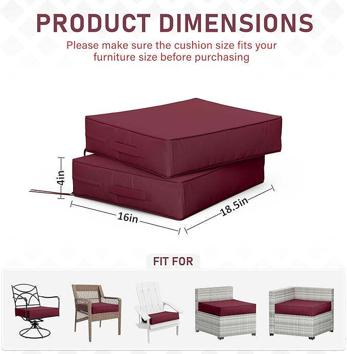 Patio Chair Cushions 18.5 X 16 X 4 Inch Waterproof Outdoor Seat Cushions for Patio Furniture, Outdoor Sofa Couch Pads with Ties & Handle, Set of 2, Burgundy