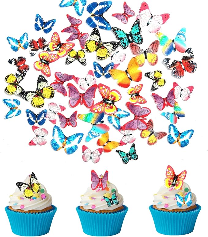 48Pcs Edible Cake Butterfly Decoration Cake Toppers Birthday Party Cupcake Toppers Mixed Size & Colour