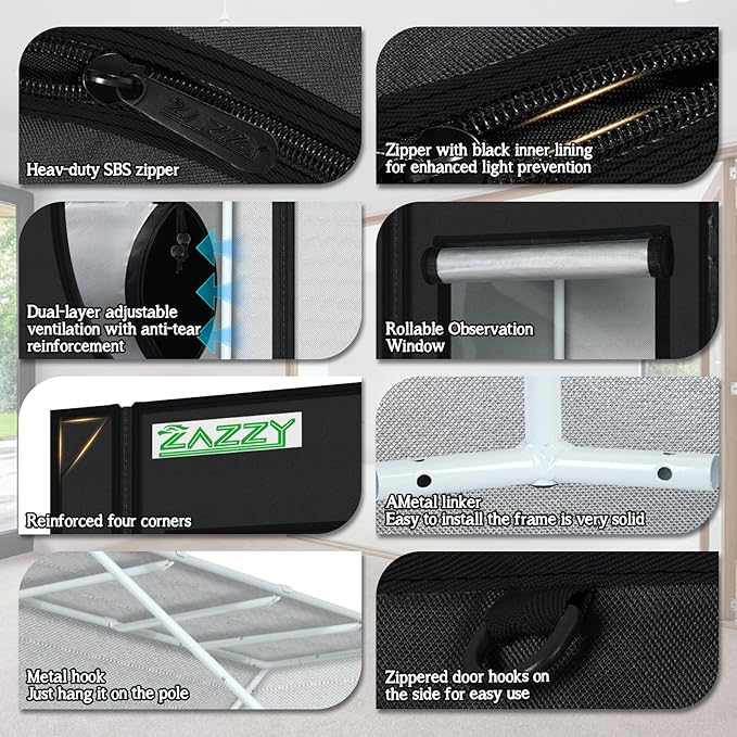 zazzy Grow Tent 60"x60"x72" Roof Cube Plant Grow Tents with Observation Window and Removable Floor Tray for Indoor Plant Growing Seedling 5x5