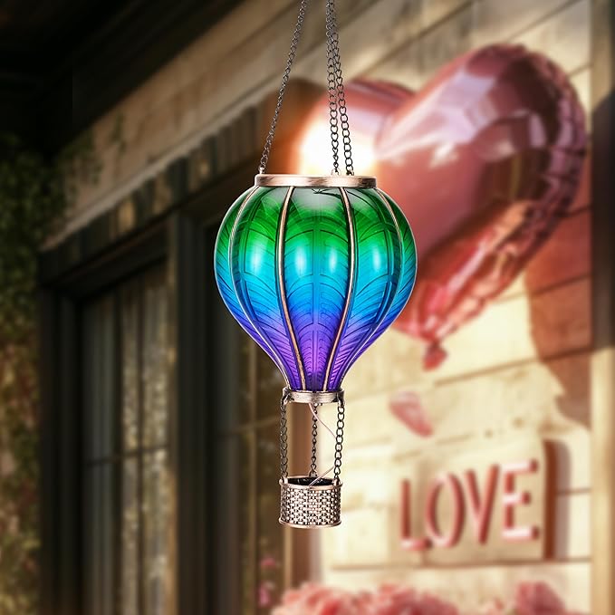 TERESA'S COLLECTIONS Hot Air Balloon Solar Lantern for Garden Decor ,Flickering Flame Hanging Solar Light for Outdoor ,Multicolor Plastic Lamp for Yard Tree Gift for Mom