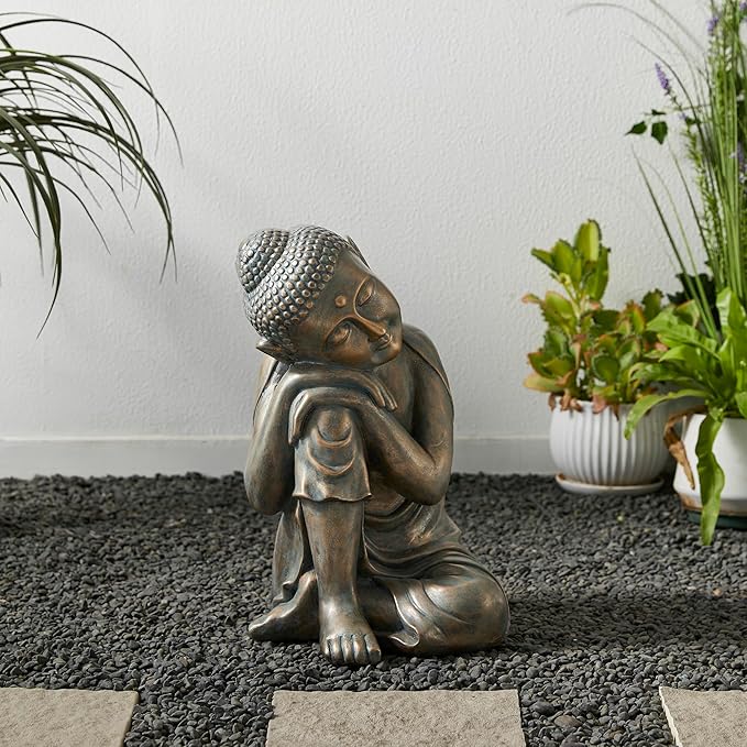 Glitzhome MGO Faux Bronze Resting Buddha Garden Statue Indoor and Outdoor Sculpture Decoration, 18" H