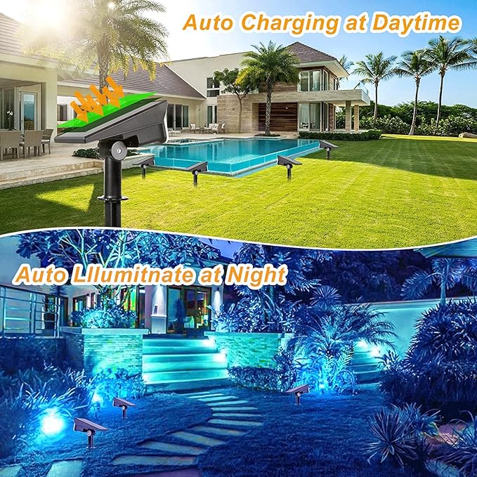 2W Solar Spotlights,T-SUNUS IP65 Waterproof Outdoor Solar Lights Landscape Lighting Wall Light Auto On/ Off with 2 Green Dual Spot Headlamp for Tree,Patio, Yard, Garden