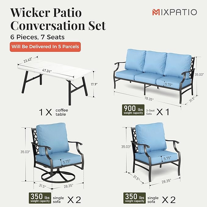 Patio Furniture Set 6 pcs, Outdoor Patio Furniture, 1 X 3-Seat Sofa, 2 X Single Chairs, 2 X Swivel Chairs, 1 X Coffee Table and 5.75" Extra Thick Cushion, Patio Conversation Set,Blue