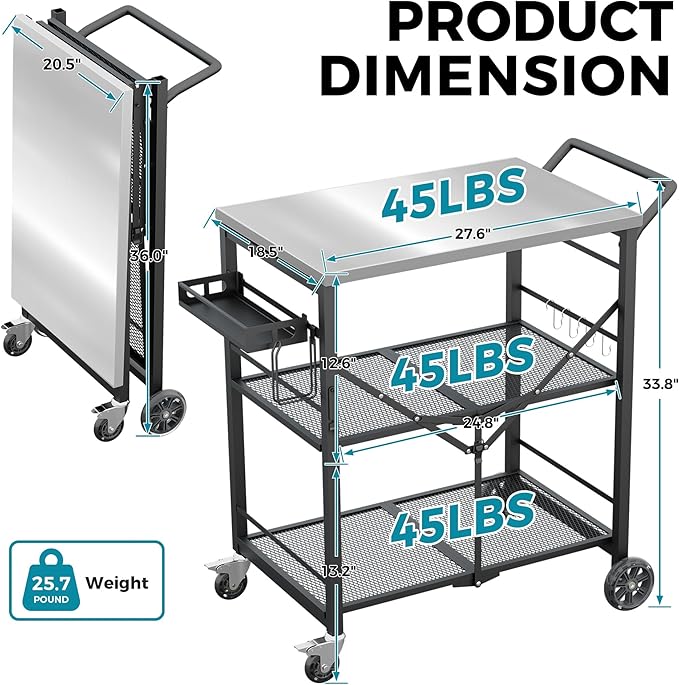 Ciokea Folding Outdoor Grill Cart with Wheels, 3-Shelf Grill Table with 27x18 in Stainless Steel Top, Rolling Pizza Oven Stand, Metal Portable Cart for BBQ Patio Camping (Black)