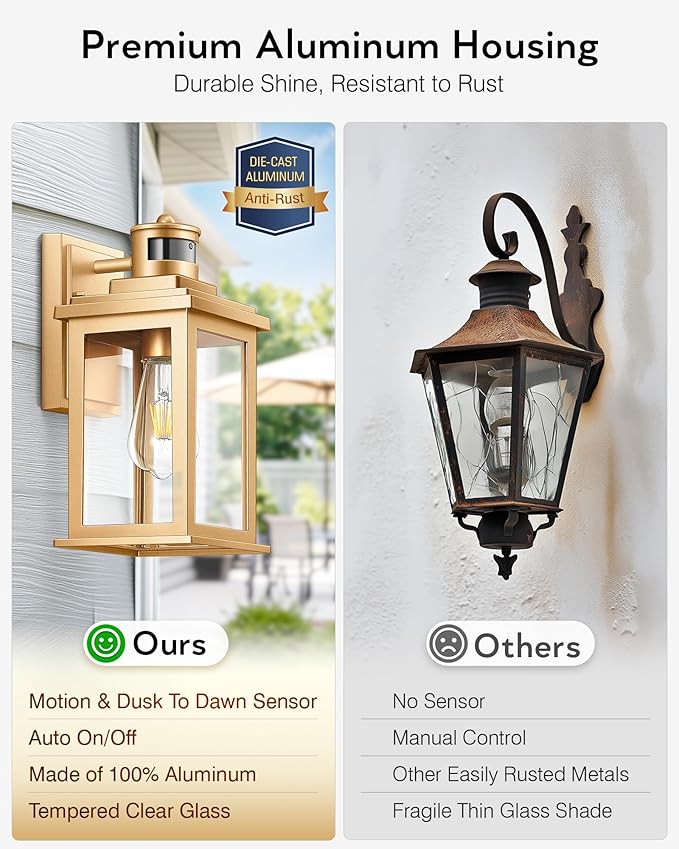 VIANIS Motion Sensor Exterior Lights for House, Dusk to Dawn Outdoor Light Fixture Lantern, Gold Waterproof Outdoor Motion Sensor Light for House, Doorway, Entryway, Garden, Hardwired, Non-Solar