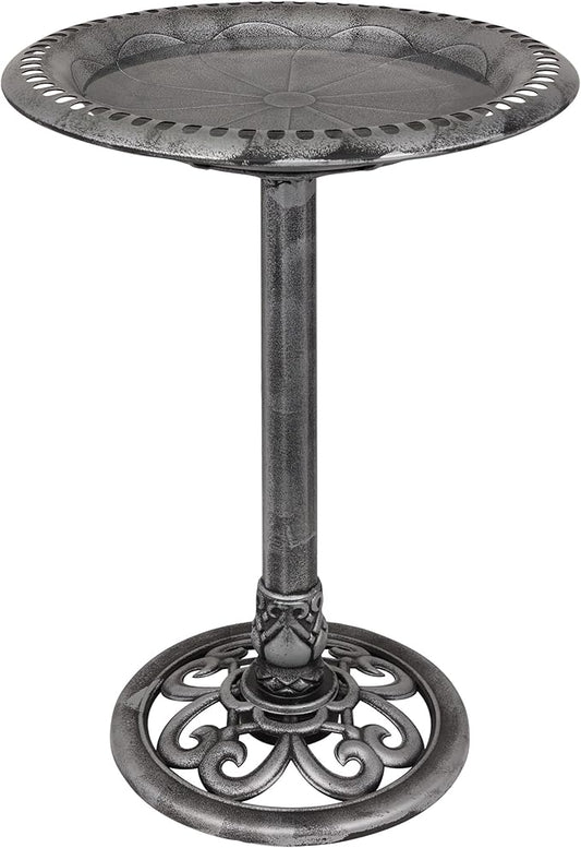 Alpine Corporation TEC116GR Outdoor Pedestal Birdbath w/Scrollwork Base and Stakes, Elegant Birdbath for Garden, 28" H, Gray