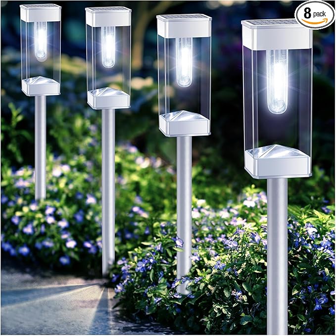 Solar Pathway Lights 8 Pack Solar Outdoor Lights with LED Tungsten Filament Bulb Waterproof Stainless Steel Garden Lighting for Outside Driveway Landscape Lawn Path Christmas (White)