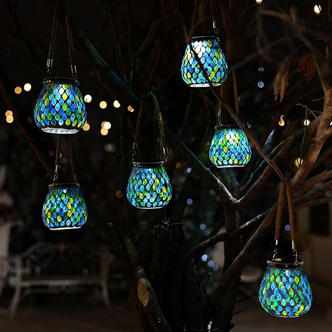 Cooo 4 Pack Mosaic Solar Lantern Outdoor Waterproof IP68 Hanging Projection Light Hidden Lid Pear-Shaped Lantern with Rope Handle Solar Powered Auto On for Patio Garden Fence Table - Azure Lattice