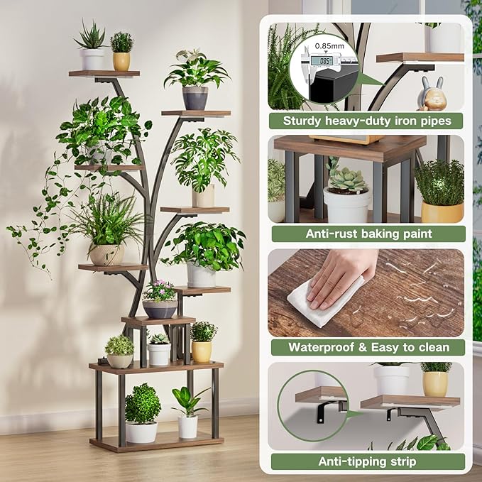 Plant Stand with Grow Light - 9 Tiered Plant Stand Indoor with Storage Drawer for Indoor Plants, 65" Tall Plant Shelf with Grow Light, Curved Corner Plant Shelf Indoor for Living Room, Patio Decor