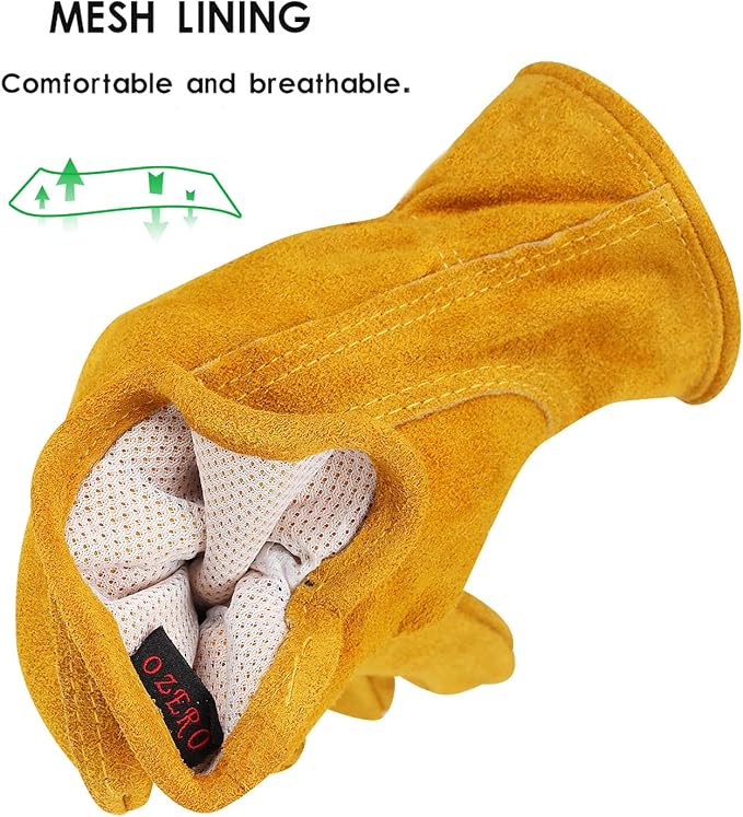 OZERO Leather Work Gloves Flex Grip Tough Cowhide Gardening Glove for Men and Women (Medium, Gold With Mesh Linning)