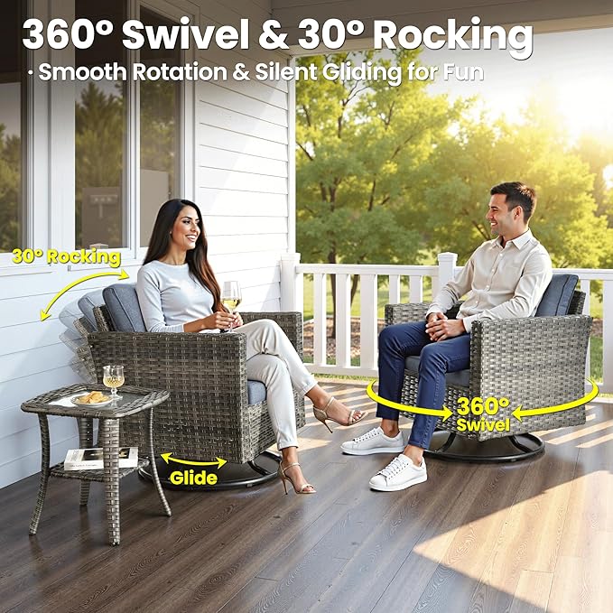 ovios 10 Pieces Patio Furniture Set with Swivel Chairs Rocking Gliders, 54" Fire Pit Table, Outdoor Sofa Couch with Solar Lights Table, Modern Deep Seat Wicker Rattan Conversation Set, Denim Blue